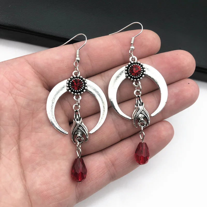Gothic Punk Earrings - Exaggerated Bat & Red Bead Pendant