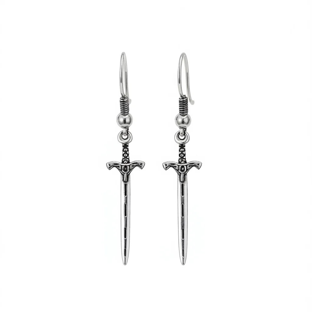 Antique silver sword earrings - pair of punk style drop earrings with silver plating and crossguard design