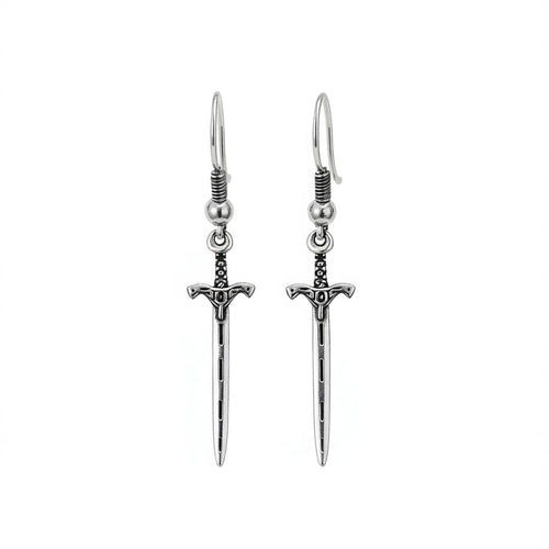 Antique silver sword earrings - pair of punk style drop earrings with silver plating and crossguard design