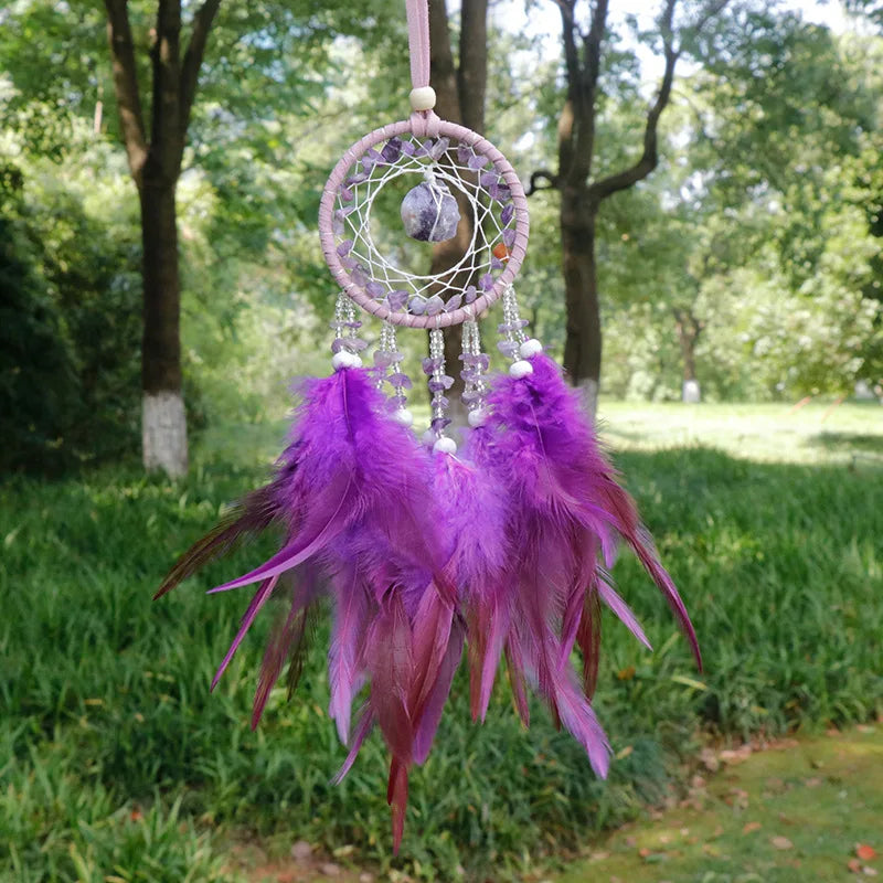 Handmade Mini Dream Catcher - Boho Wall Hanging with Colorful Feathers & Crystal Stones for Home Decor - Tulique