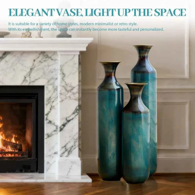 Torch-Fired Metal Floor Vases Set of 3 Tall Rustic Blue Burnt Finish for Farmhouse Living Room - Tulique