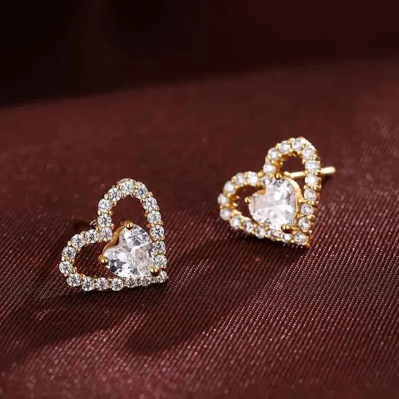 Gold Heart Crystal Stud Earrings For Women 18K Gold Filled Everyday Wear Jewelry