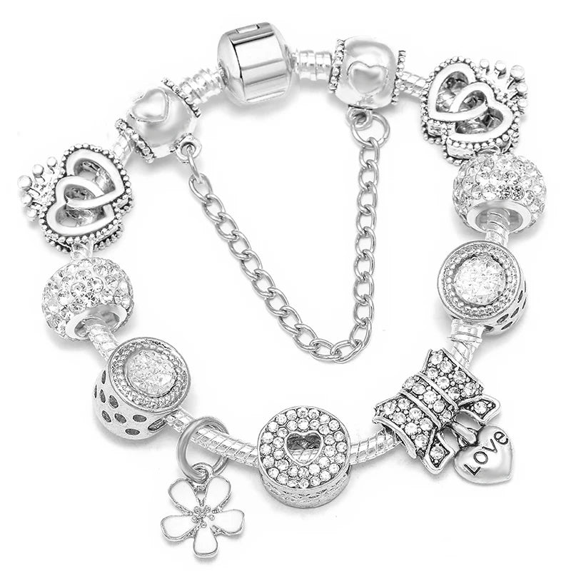 Elegant Crystal Flower Charm Bracelet - Gold Bead Design