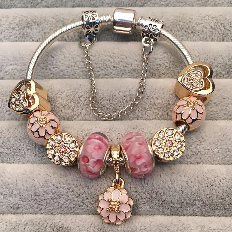 Elegant Crystal Flower Charm Bracelet - Gold Bead Design