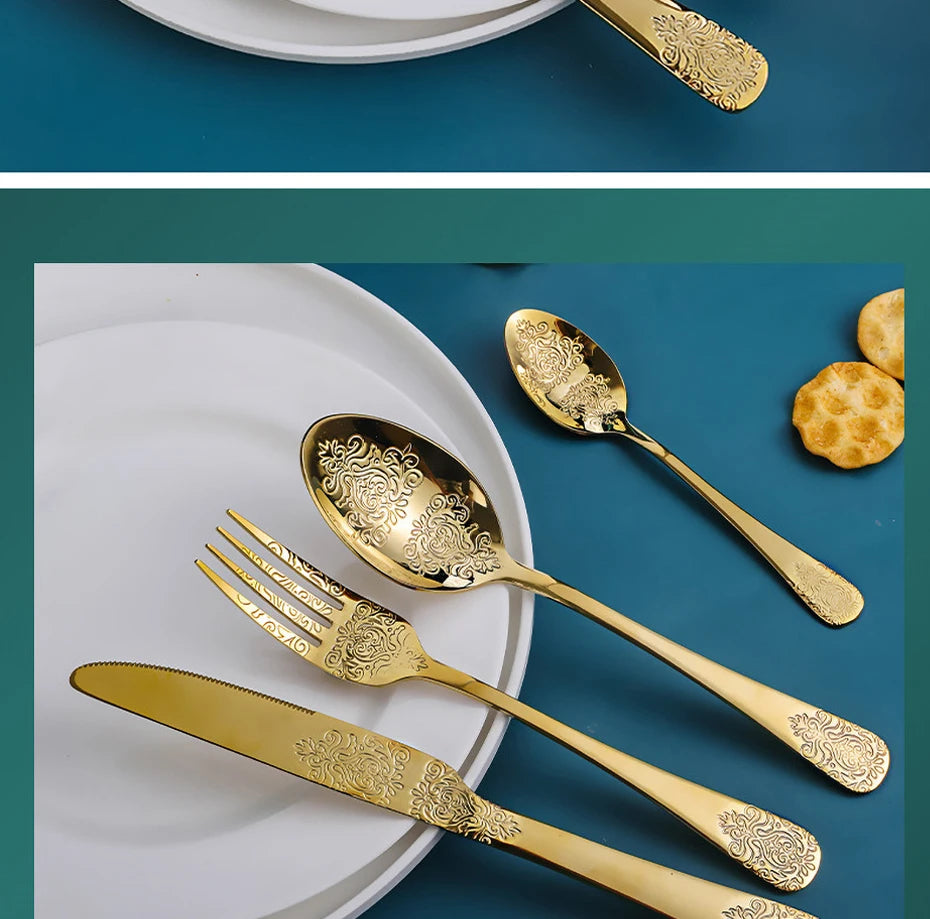 Elegant Vintage Carved Flatware Set - 304 Stainless Steel