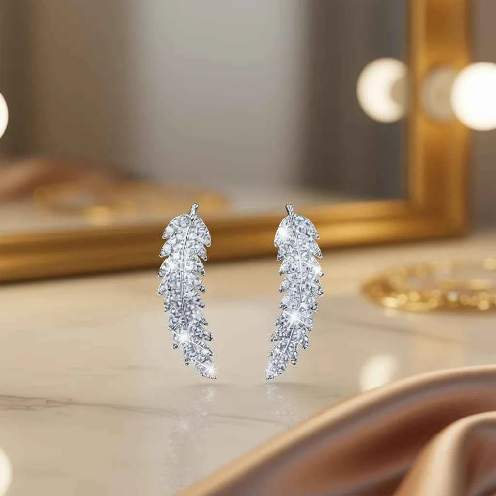 White Gold Feather Stud Earrings 925 Silver Crystal Rhinestone Bezel Setting Classic Women's Everyday Wear