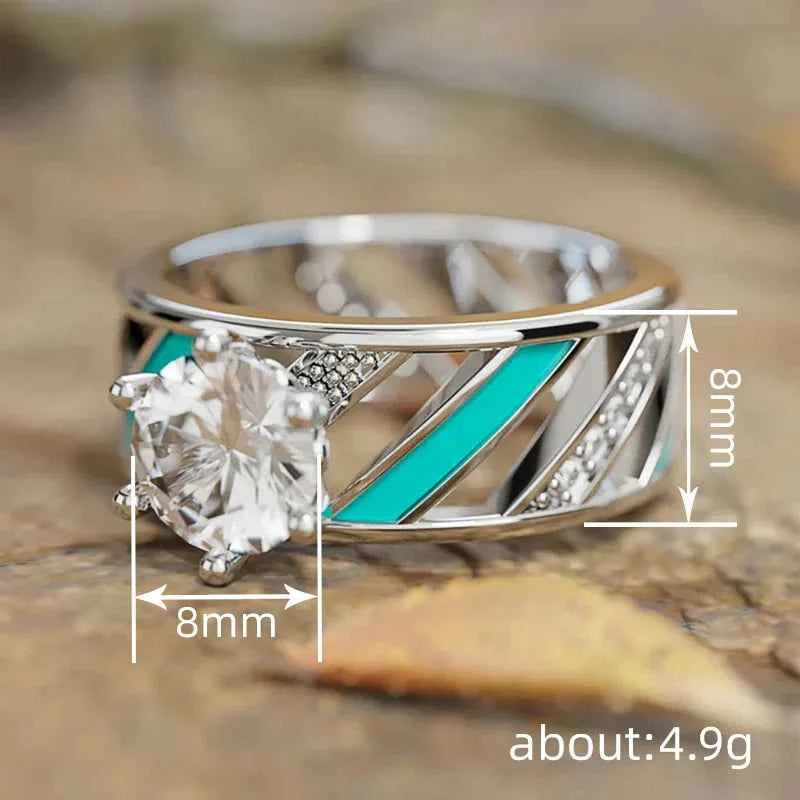T0880 Women's 925 Silver Engagement Ring With Round Crystal Prong Setting Geometric Design For Wedding Or Proposal