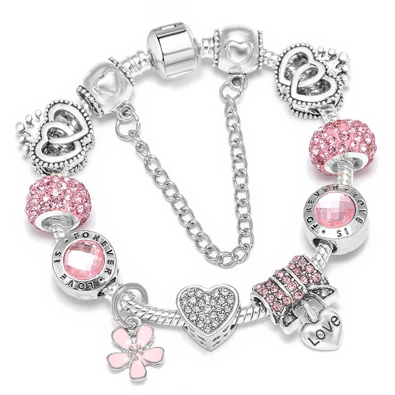 Elegant Crystal Flower Charm Bracelet - Gold Bead Design