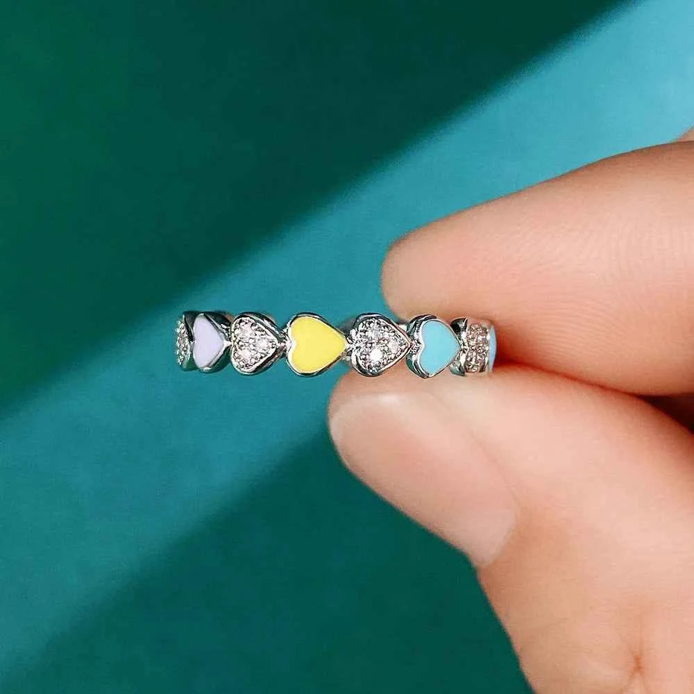 F1614 Heart Shape Eternity Band Ring With Enamel And Pave Setting Natural Stones Unisex Fashion Jewelry Gift