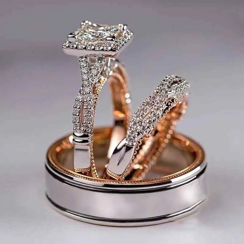 Princess cut engagement ring - natural diamond center stone with halo and split shank in white gold