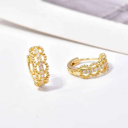 Crystal huggie earrings - golden geometric design with sparkling crystals on 18K gold plated zinc alloy