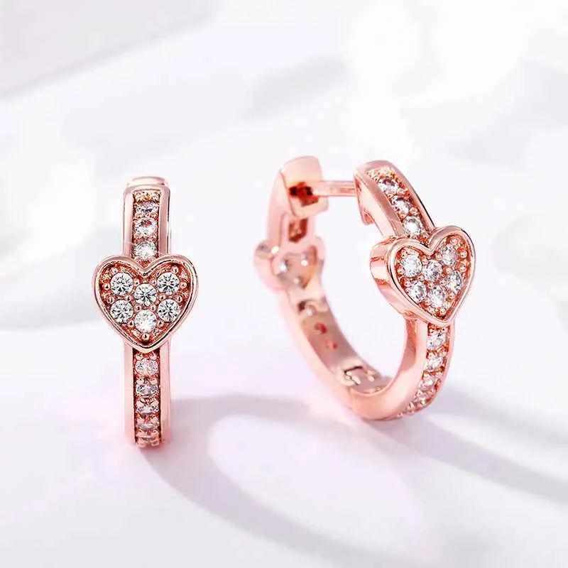 Rose gold heart earrings - natural diamond heart studs with huggie hoop on rose gold plating