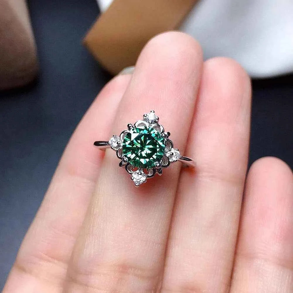 F1403 Emerald Ring Women's Round Natural Gemstone Prong Setting Flower Engagement Fashion Rings