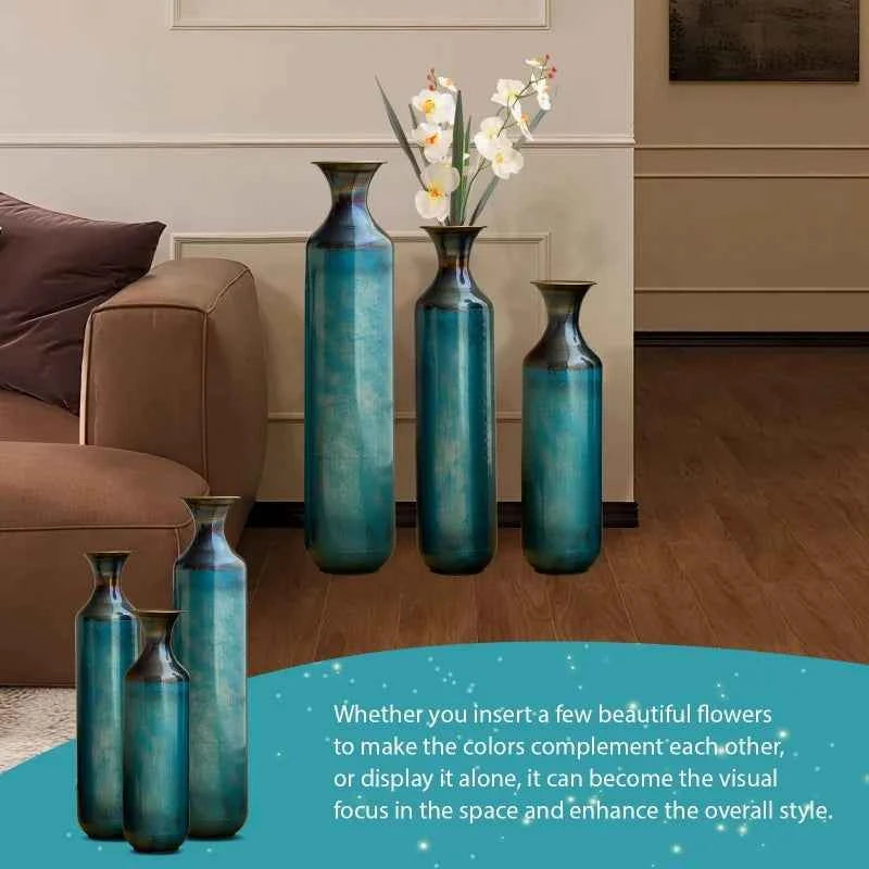 Torch-Fired Metal Floor Vases Set of 3 Tall Rustic Blue Burnt Finish for Farmhouse Living Room - Tulique