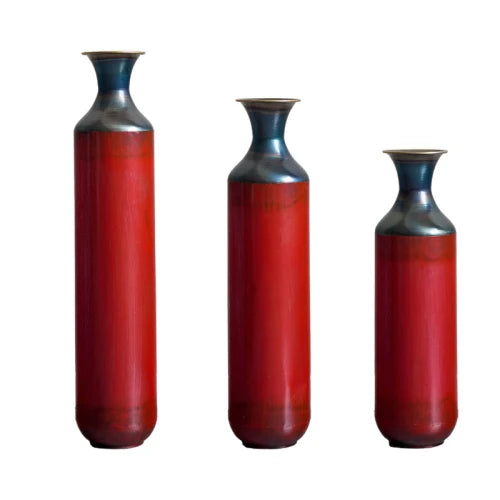 Torch-Fired Metal Floor Vases Set of 3 Tall Rustic Blue Burnt Finish for Farmhouse Living Room - Tulique