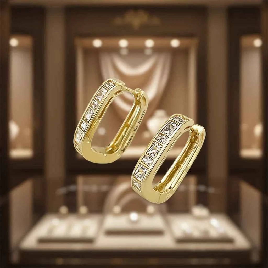Golden Geometric Huggie Earrings Women Princess Cut Diamond Channel Setting 18K Gold Plated Zinc Alloy Classic Everyday Wear