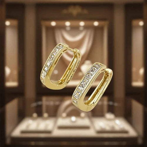 Golden Geometric Huggie Earrings Women Princess Cut Diamond Channel Setting 18K Gold Plated Zinc Alloy Classic Everyday Wear