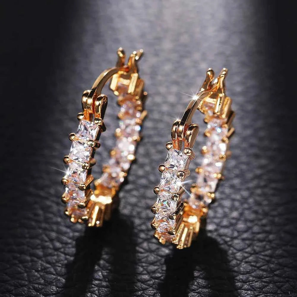 E1017 Gold Hoop Earrings Crystal Rhinestone Channel Setting Women's Luxury Everyday Wear
