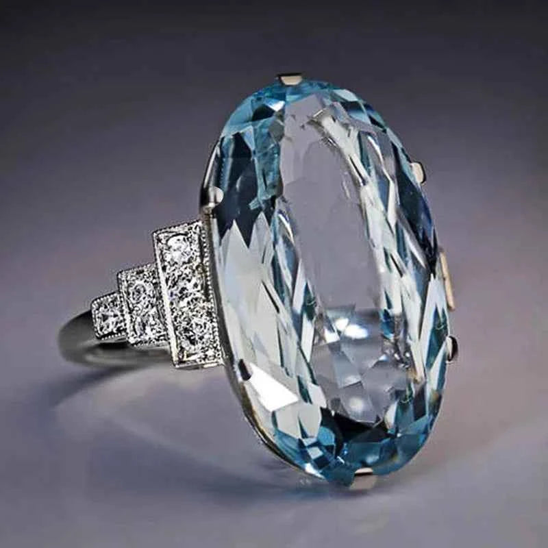 Luxury Light Blue Ring - Oval Solitaire Cubic Zirconia