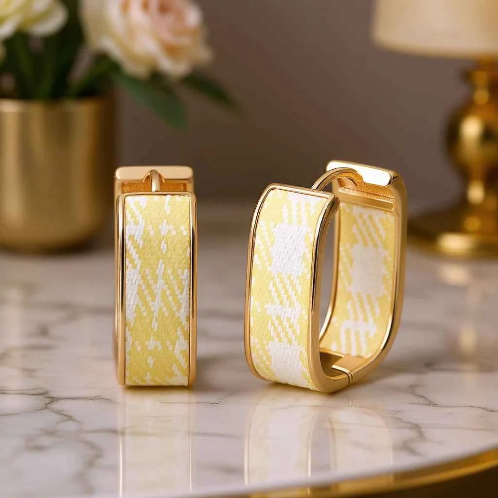 E4541 Light Yellow Plaid Hoop Earrings 22k Gold Plated Women's Classic Everyday Wear