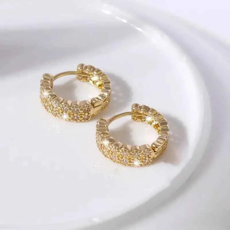 Luxury Gold 22k Plated Metal Hoop Earrings with Crystal Rhinestones Women's Party Jewelry Micro Insert Design