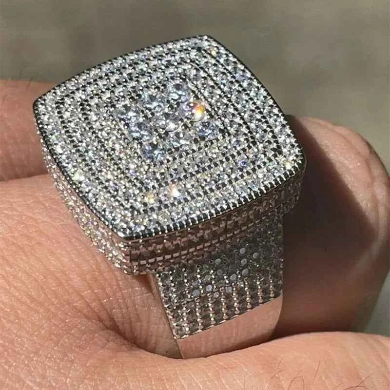Men's hiphop diamond ring - square natural stone with brilliant sparkle on finger