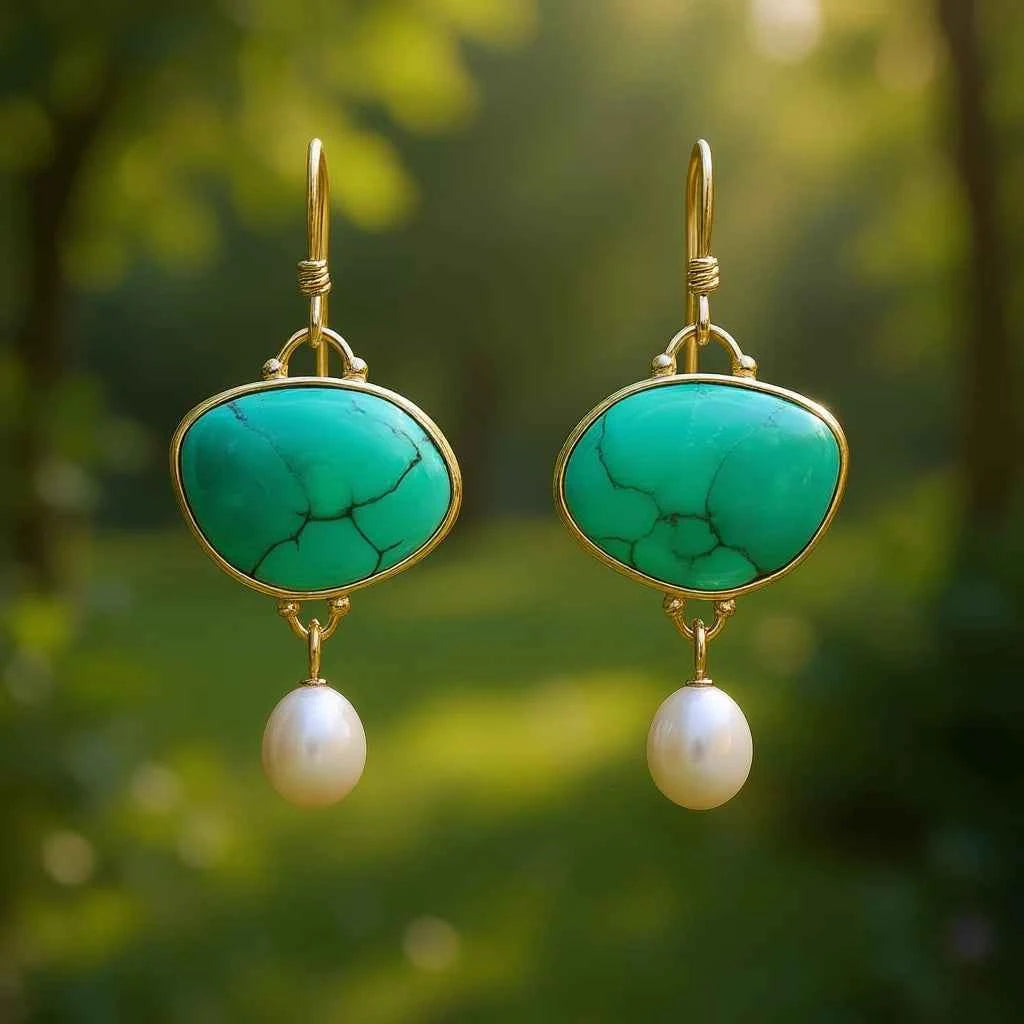 E374 Golden Drop Earrings Women's Turquoise Imitation Pearl Bezel Setting Classic Fashion Jewelry Alloy Earrings