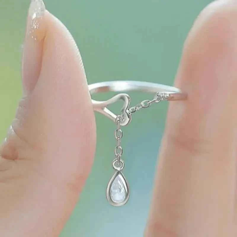 Pear cut crystal ring - sterling silver bezel setting with adjustable band and teardrop pendant