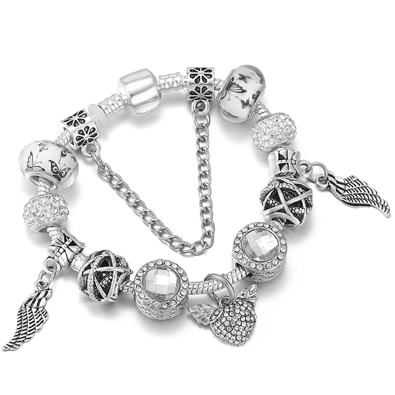 Elegant Crystal Flower Charm Bracelet - Gold Bead Design