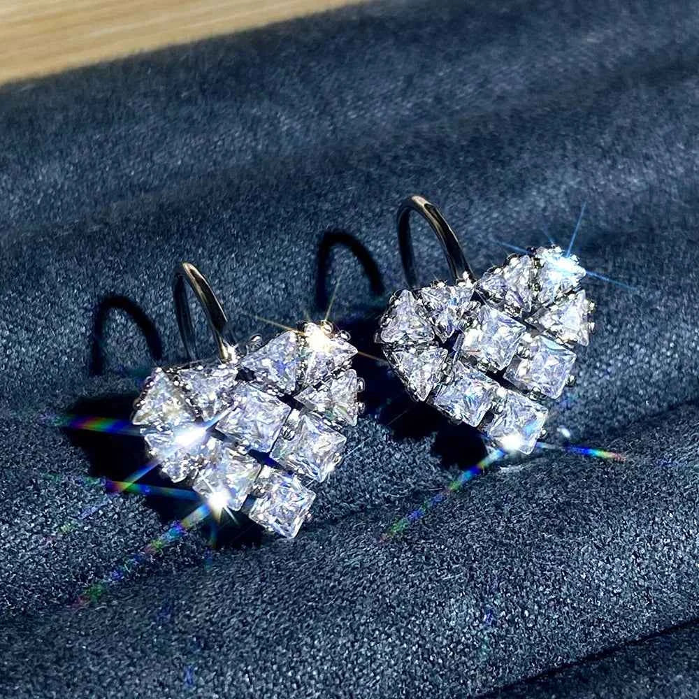 White Gold Diamond Earrings Princess Cut Natural D Color Women's Wedding Romantic Style Fine Jewelry
