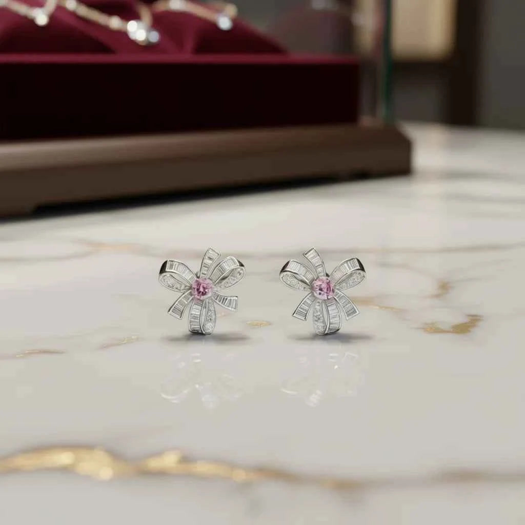 E1786 White Gold Diamond Earrings Baguette Cut Fancy Pink Center Women's Luxury Wedding Jewelry
