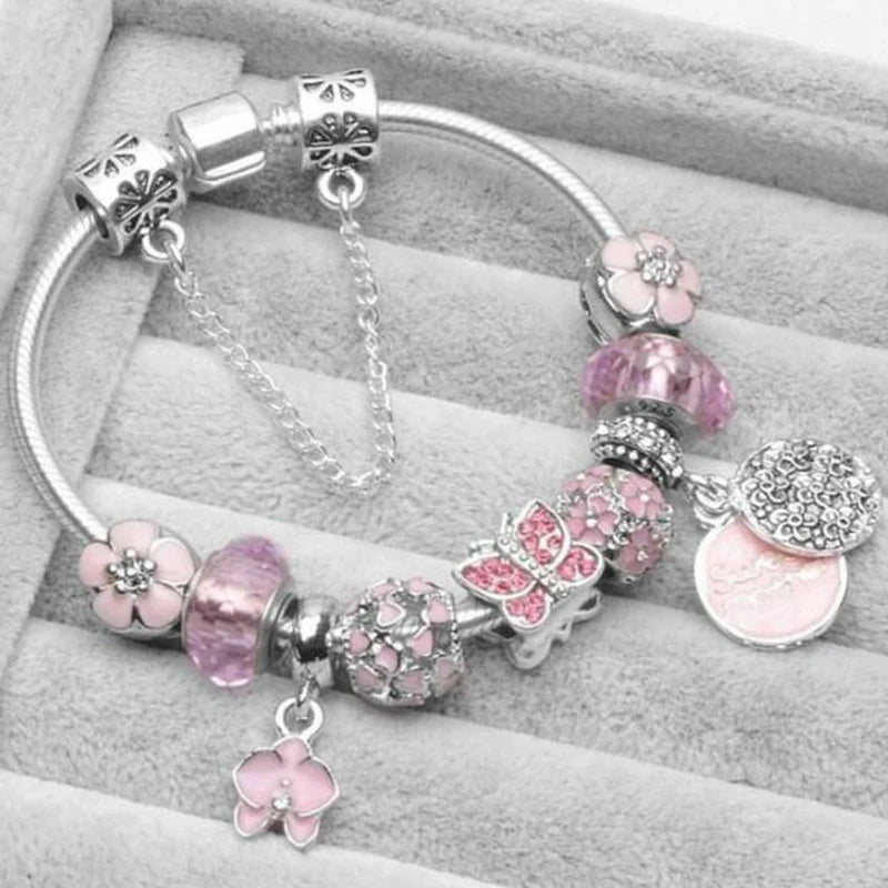Elegant Crystal Flower Charm Bracelet - Gold Bead Design