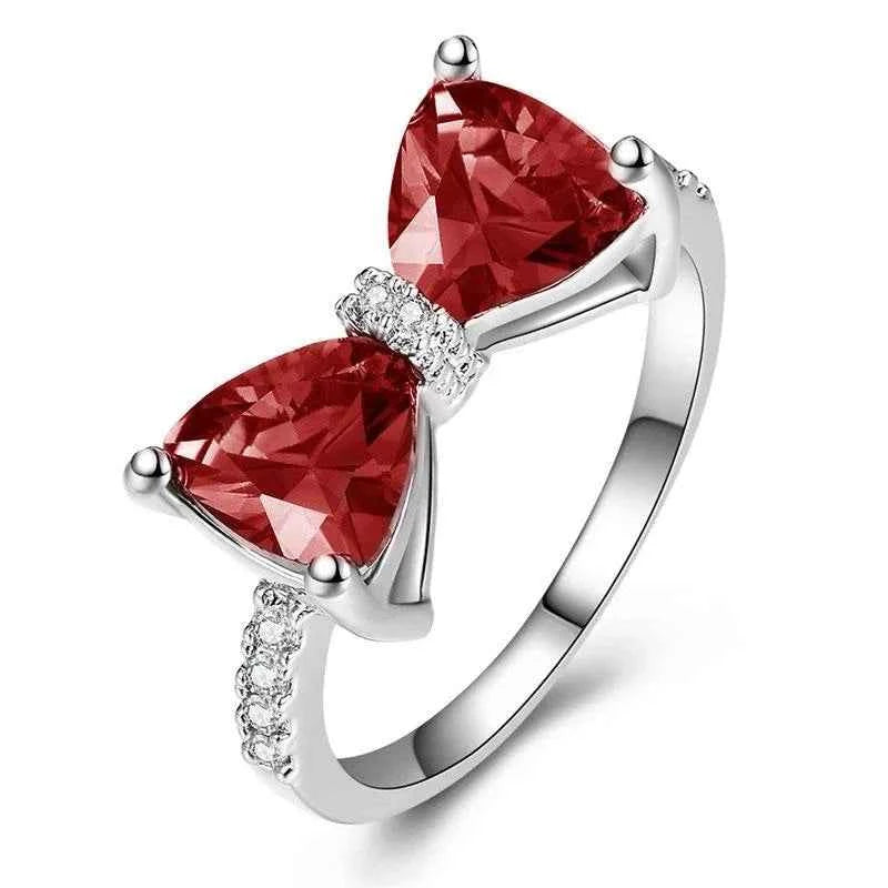 Bowknot cocktail ring - red triangle-cut crystal rhinestones in pave setting on 925 silver band