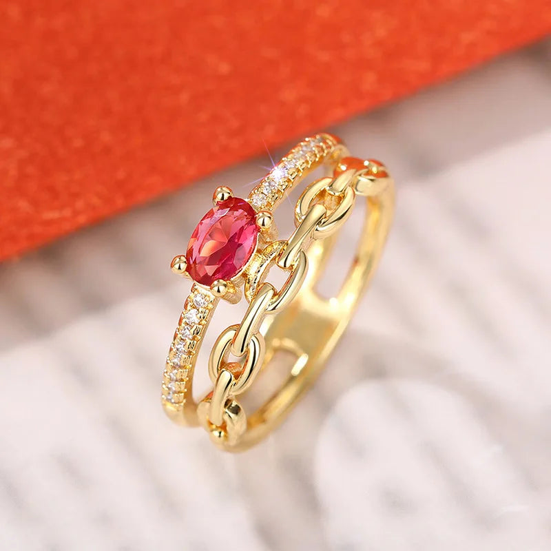 Premium Oval Cut Gemstone Ring - Gold Tone Zircon Pave