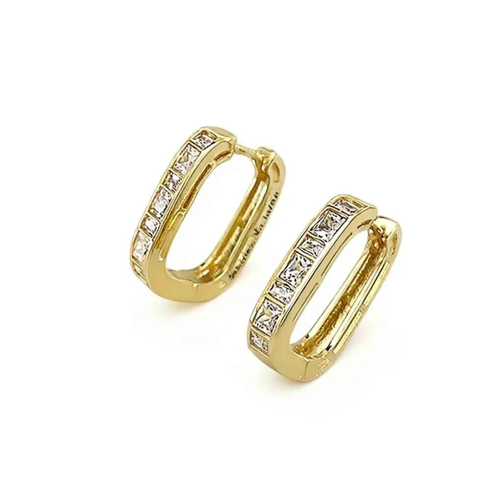 Golden huggie earrings with princess cut diamonds in geometric channel setting - gold huggie hoop earrings