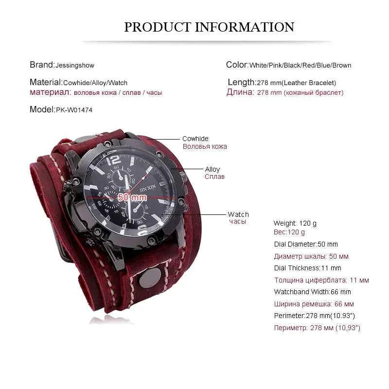 Rugged Men's Quartz Watch - Premium Cowhide Leather Punk Wristwatch