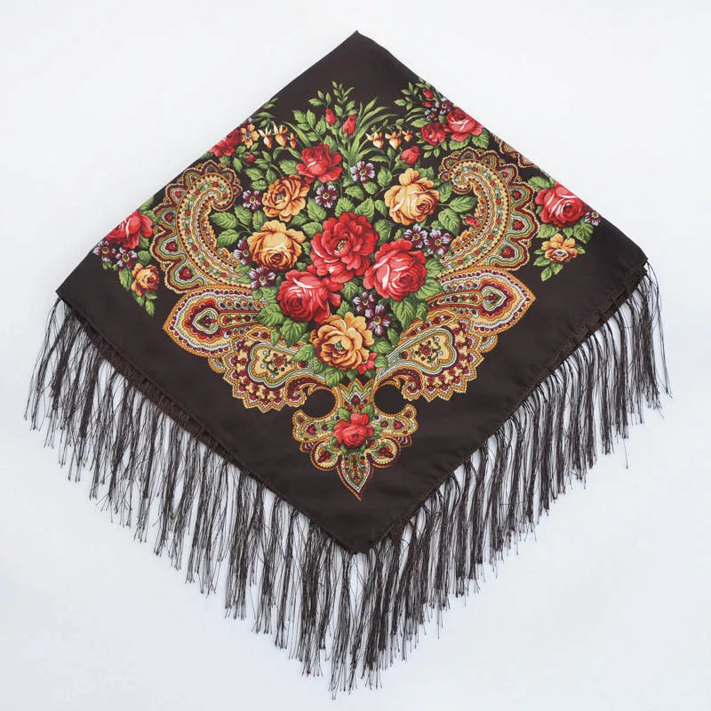 Luxury Floral Russian Scarf - Fringed Square Babushka Shawl