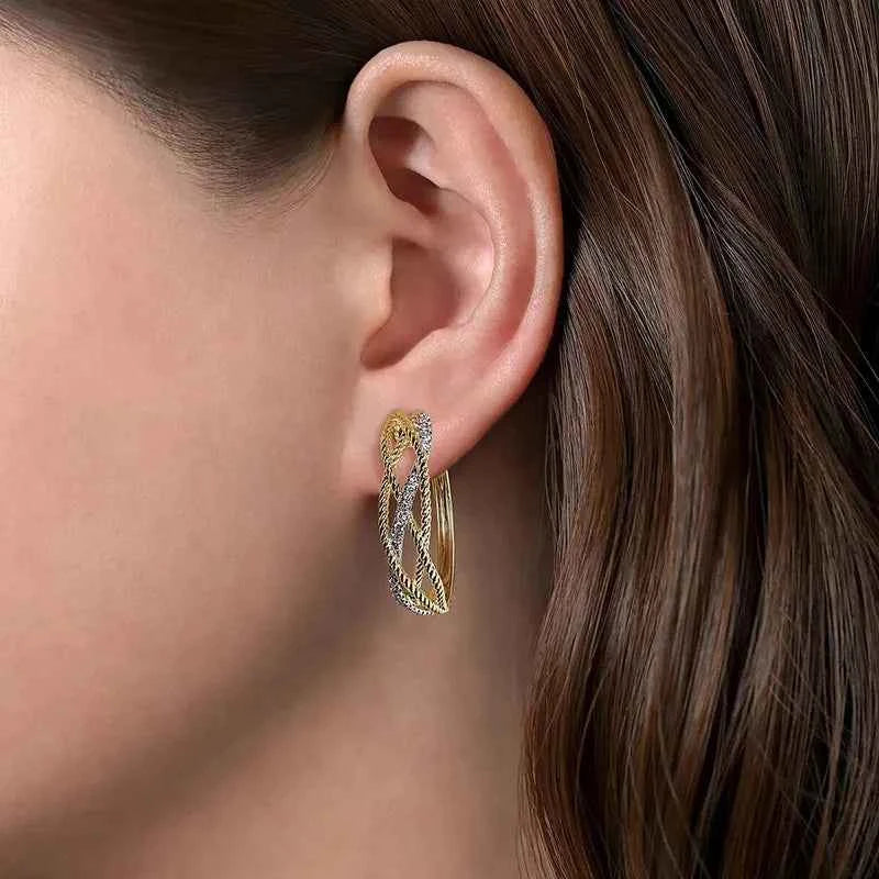 Golden Two-tone Hoop Earrings With Diamond Inlay For Women Everyday Wear