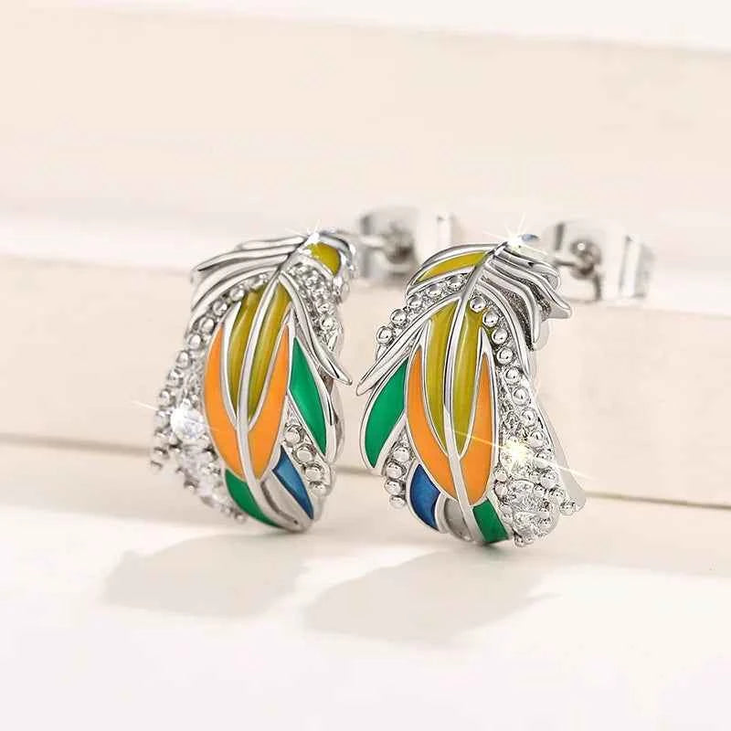 Colorful feather earrings - silver plated studs with crystal rhinestones in green, orange, blue, and yellow enamel