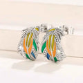 Colorful feather earrings - silver plated studs with crystal rhinestones in green, orange, blue, and yellow enamel