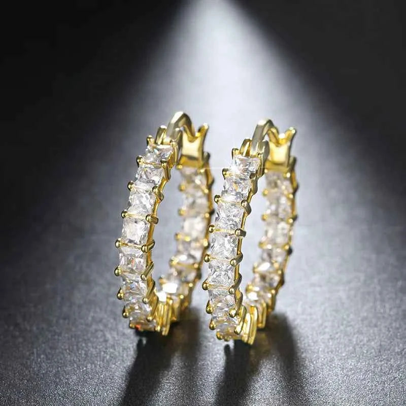 E1017 Gold Hoop Earrings Crystal Rhinestone Channel Setting Women's Luxury Everyday Wear