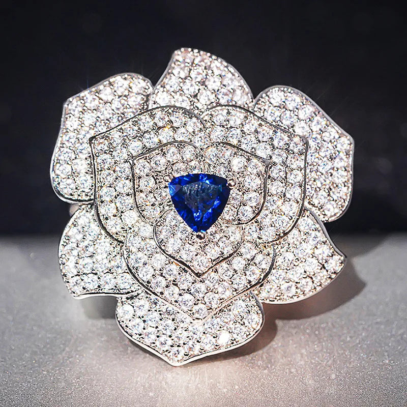 Elegant Sapphire Flower Brooch - 925 Silver with Pave Setting