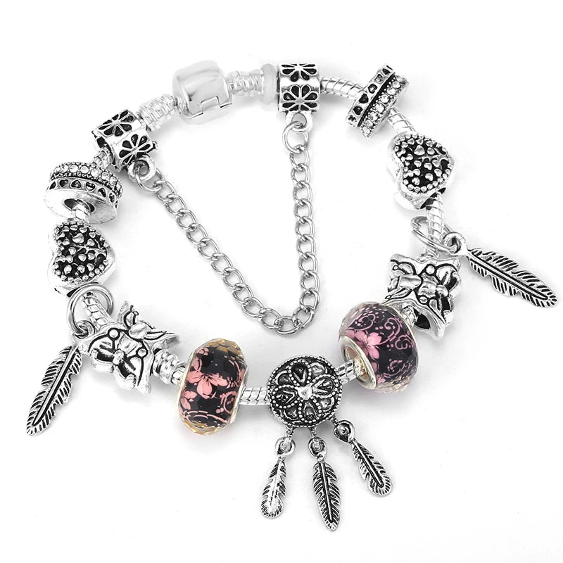 Elegant Crystal Flower Charm Bracelet - Gold Bead Design