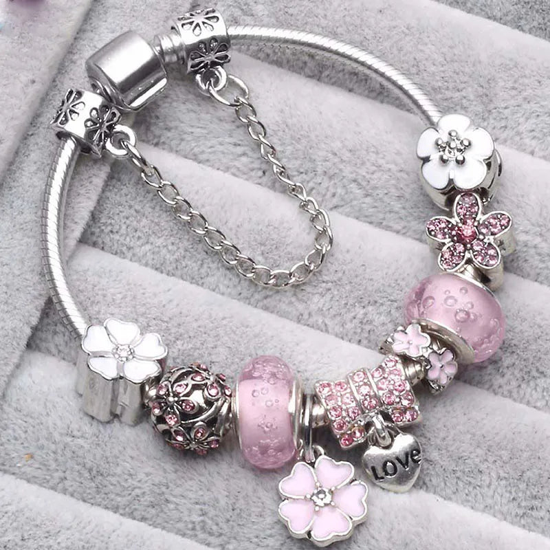 Elegant Crystal Flower Charm Bracelet - Gold Bead Design