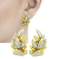 Gold leaf stud earrings with marquise diamond prong setting in polished gold finish