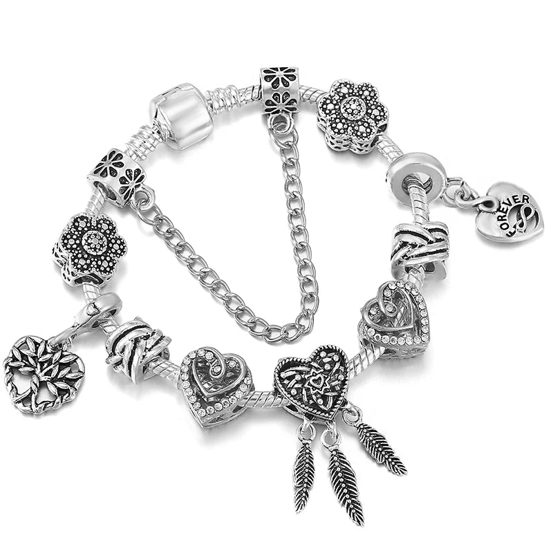 Elegant Crystal Flower Charm Bracelet - Gold Bead Design