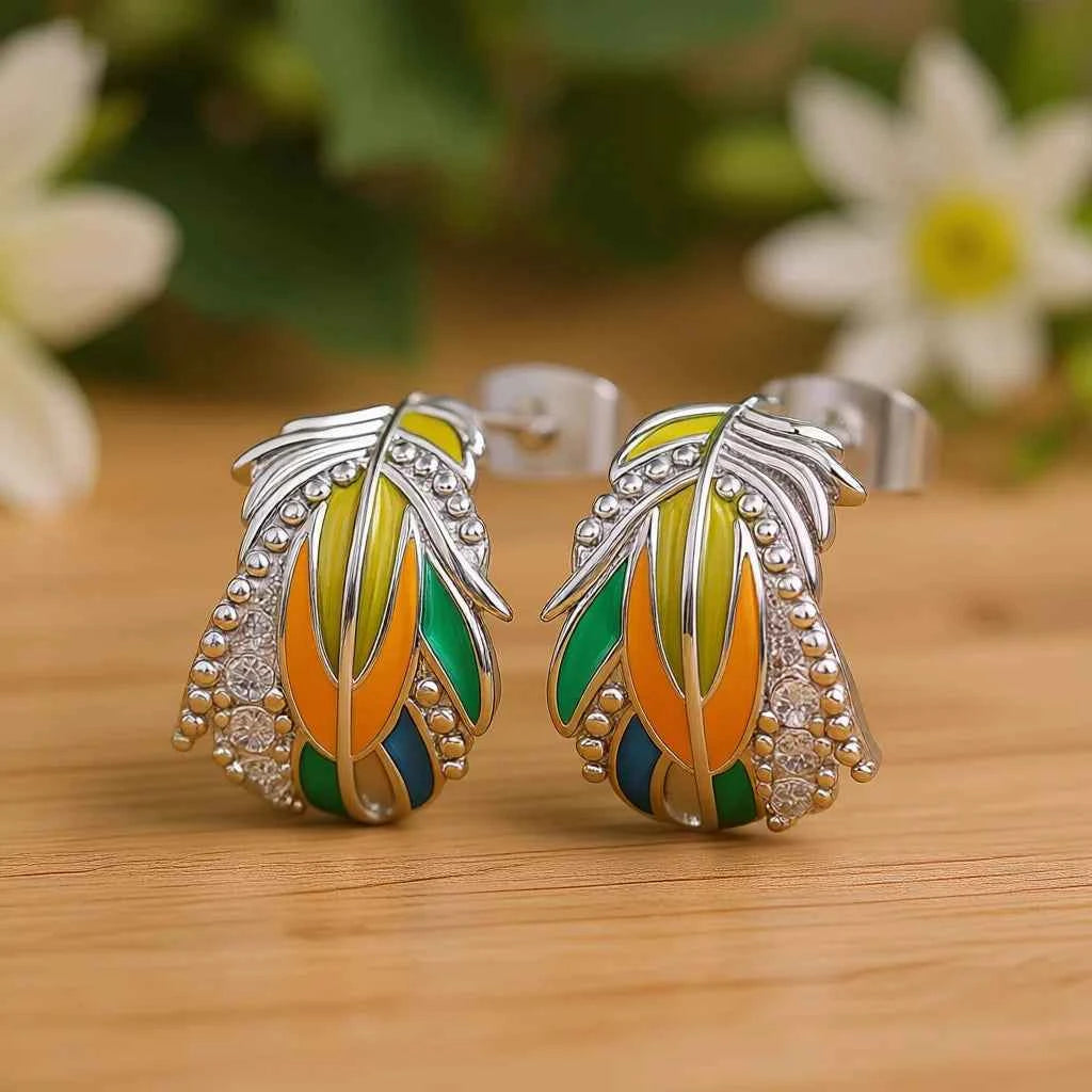 E3007 Classic Colorful Feather Stud Earrings Brass Zinc Alloy Silver Plated Crystal Rhinestone Unisex Party Fashion Jewelry