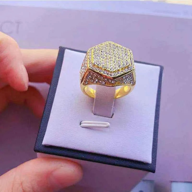 Cubic zirconia statement ring - hexagonal gold-tone design with pavé setting