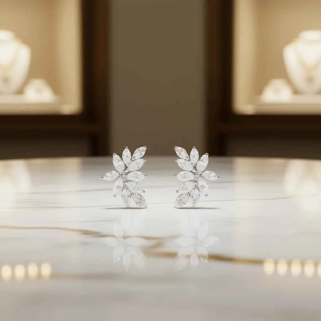 E1489 White Gold Flower Stud Earrings Crystal Rhinestone Claw Setting Women's Classic Wedding Jewelry