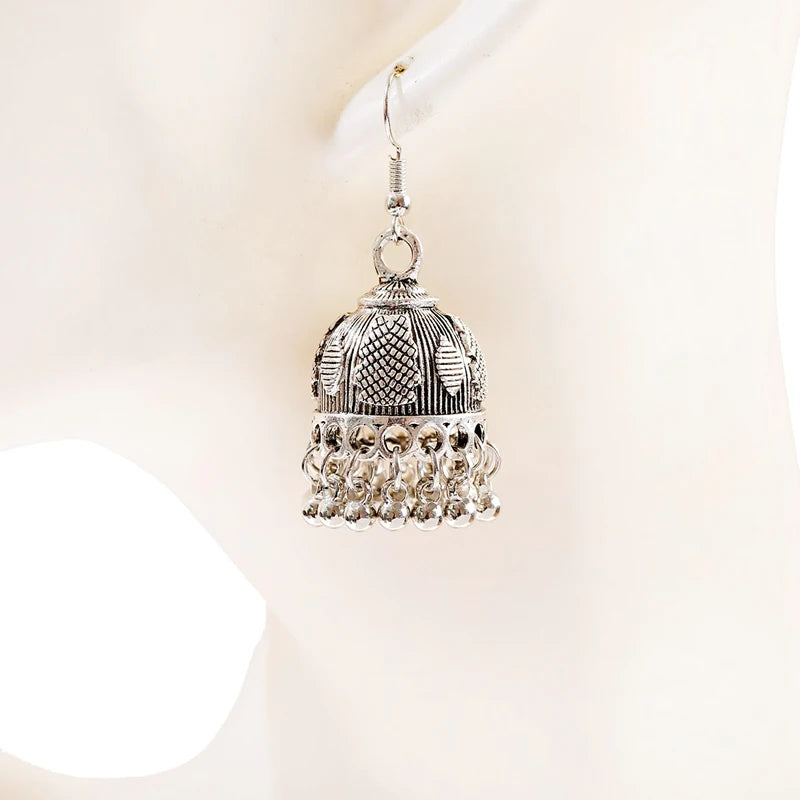 Elegant Indian Jhumka Earrings - Silver Flower Tassel Dangle Design